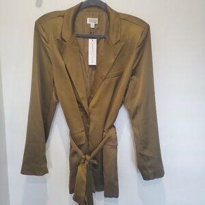 New Chic Brownish Gold Satin Women's Tie Belted Single Breasted Blazer   XL